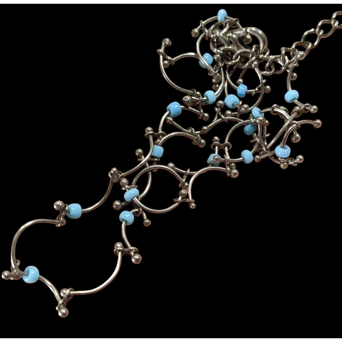 Funky Dainty Silver Wavy Chain Necklace With Blue Beads