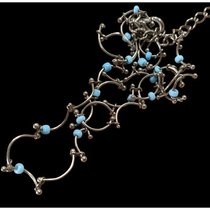 Funky Dainty Silver Wavy Chain Necklace With Blue Beads