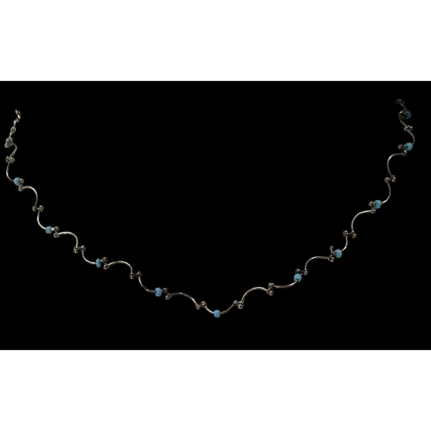 Funky Dainty Silver Wavy Chain Necklace With Blue Beads