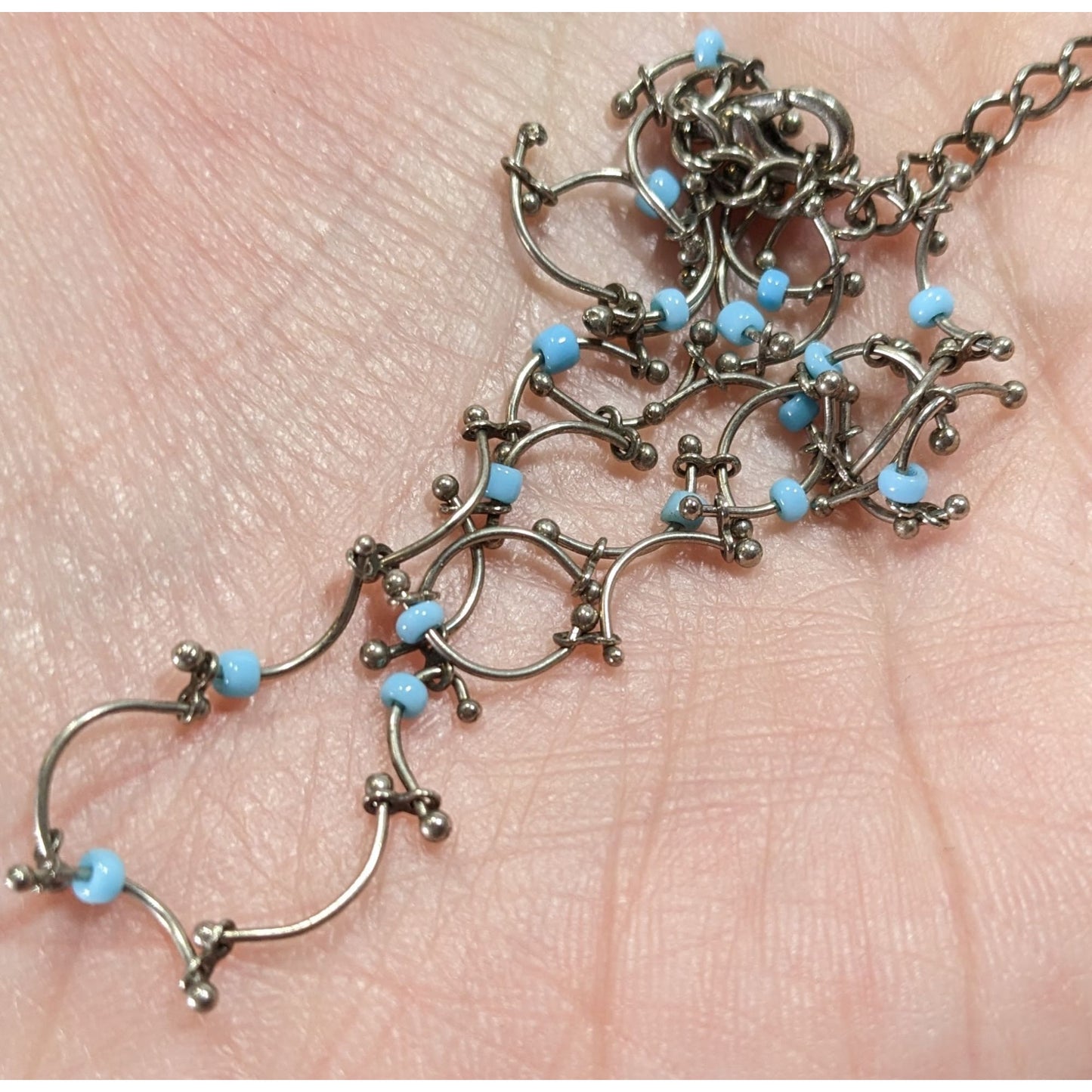 Funky Dainty Silver Wavy Chain Necklace With Blue Beads