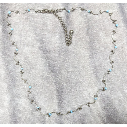 Funky Dainty Silver Wavy Chain Necklace With Blue Beads