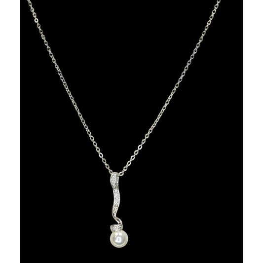 Vintage Avon Silver-Tone Necklace With Pearl & Rhinestone Pendant