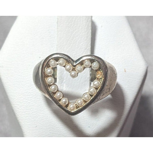 Vintage Open Heart Silver Tone Seed Pearl Ring Size 6 1/4