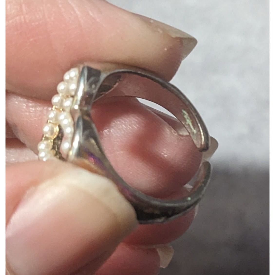 Vintage Open Heart Silver Tone Seed Pearl Ring Size 6 1/4