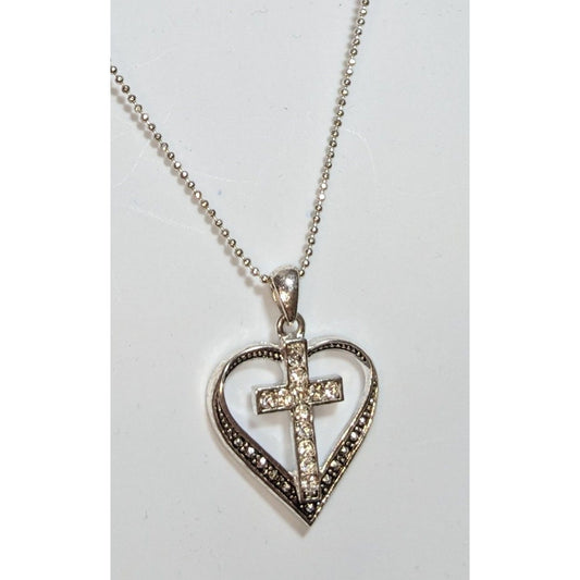Religious Heart-Shaped Cross Pendant Necklace With Rhinestones