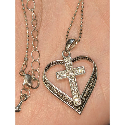 Religious Heart-Shaped Cross Pendant Necklace With Rhinestones