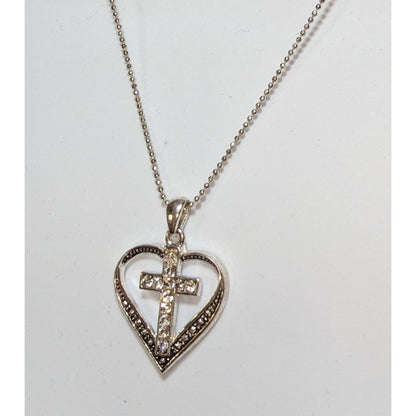 Religious Heart-Shaped Cross Pendant Necklace With Rhinestones