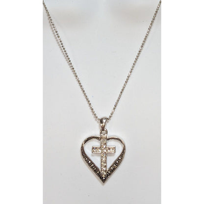 Religious Heart-Shaped Cross Pendant Necklace With Rhinestones
