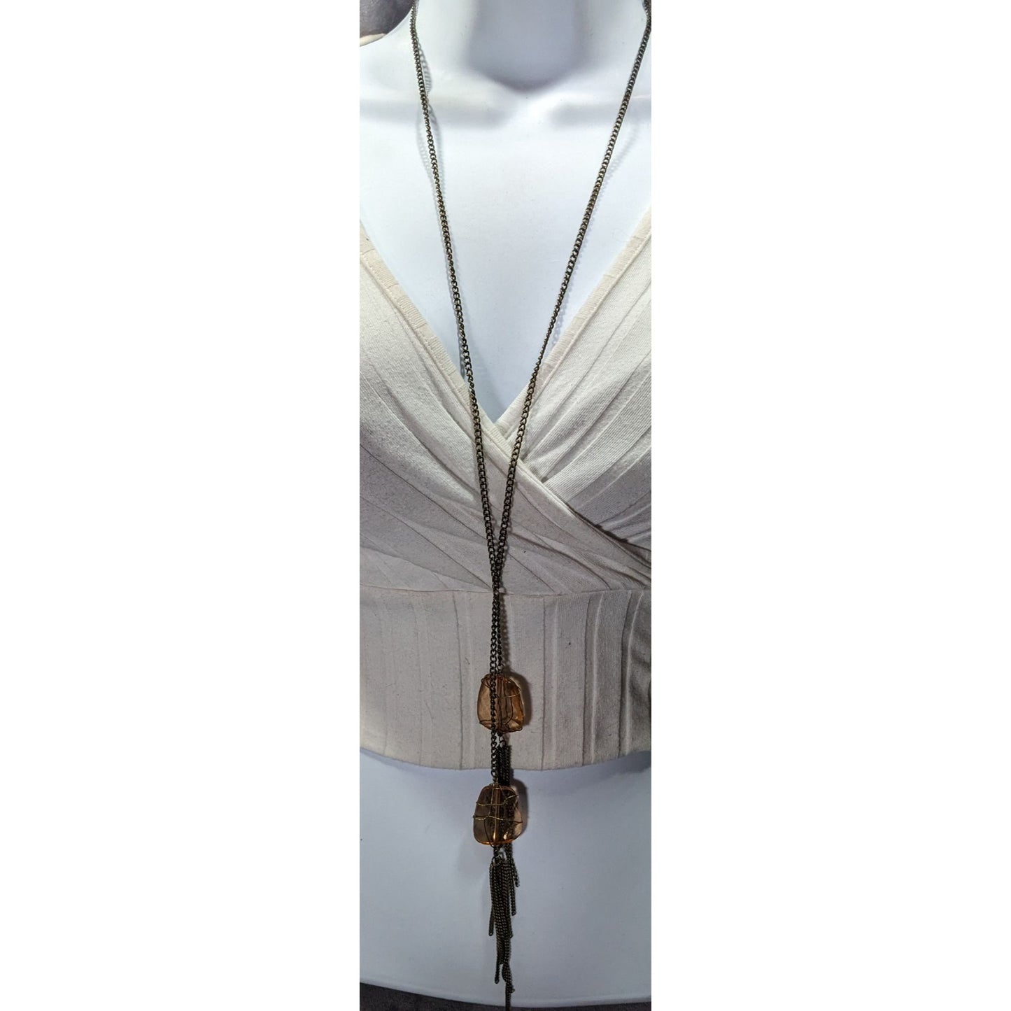 Funky Gemmed Chain Tassel Gold Tone Necklace