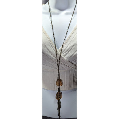 Funky Gemmed Chain Tassel Gold Tone Necklace