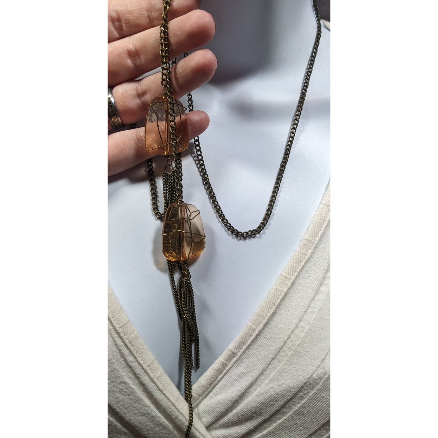 Funky Gemmed Chain Tassel Gold Tone Necklace
