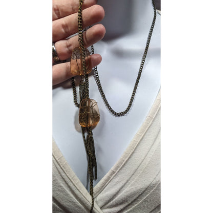 Funky Gemmed Chain Tassel Gold Tone Necklace