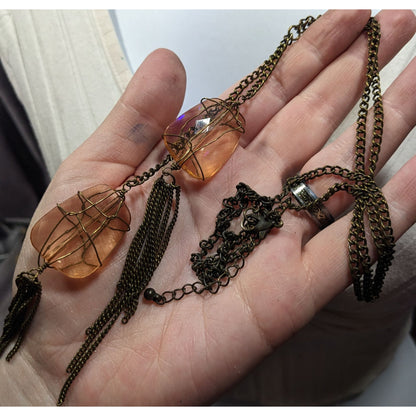 Funky Gemmed Chain Tassel Gold Tone Necklace