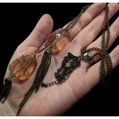 Funky Gemmed Chain Tassel Gold Tone Necklace