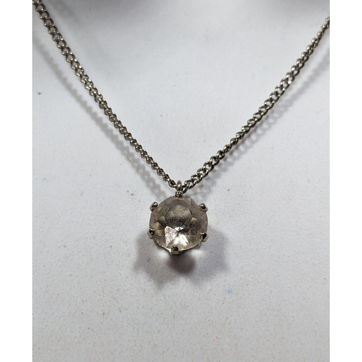 Minimalist Clear Gemmed Silver Tone Pendant Necklace