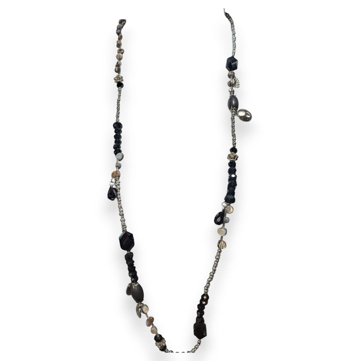 Whimsigoth Eclectic Glass Black Silver Mother of Pearl Necklace 36 Inch