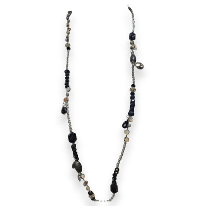 Whimsigoth Eclectic Glass Black Silver Mother of Pearl Necklace 36 Inch