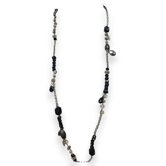 Whimsigoth Eclectic Glass Black Silver Mother of Pearl Necklace 36 Inch