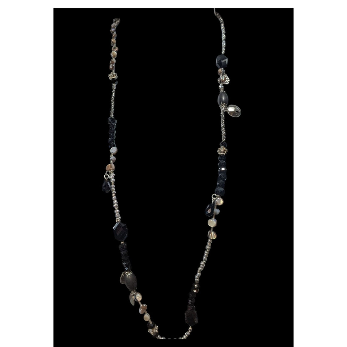 Whimsigoth Eclectic Glass Black Silver Mother of Pearl Necklace 36 Inch