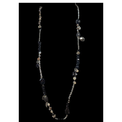 Whimsigoth Eclectic Glass Black Silver Mother of Pearl Necklace 36 Inch