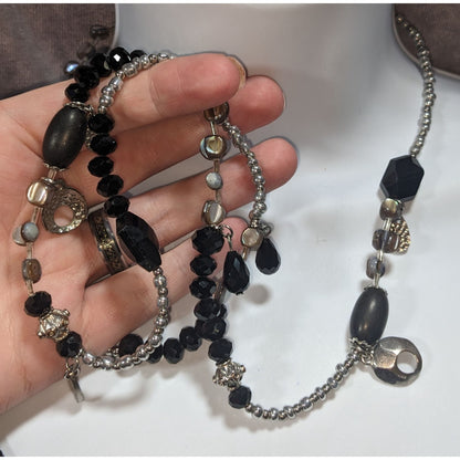 Whimsigoth Eclectic Glass Black Silver Mother of Pearl Necklace 36 Inch