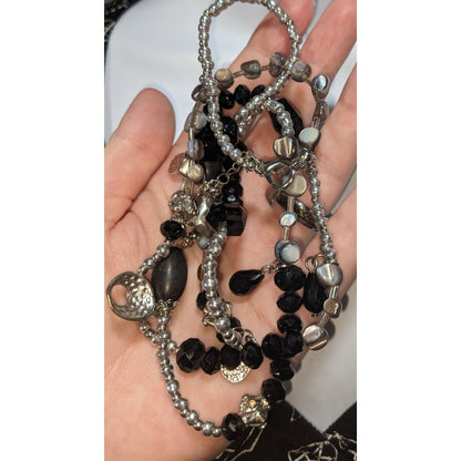 Whimsigoth Eclectic Glass Black Silver Mother of Pearl Necklace 36 Inch