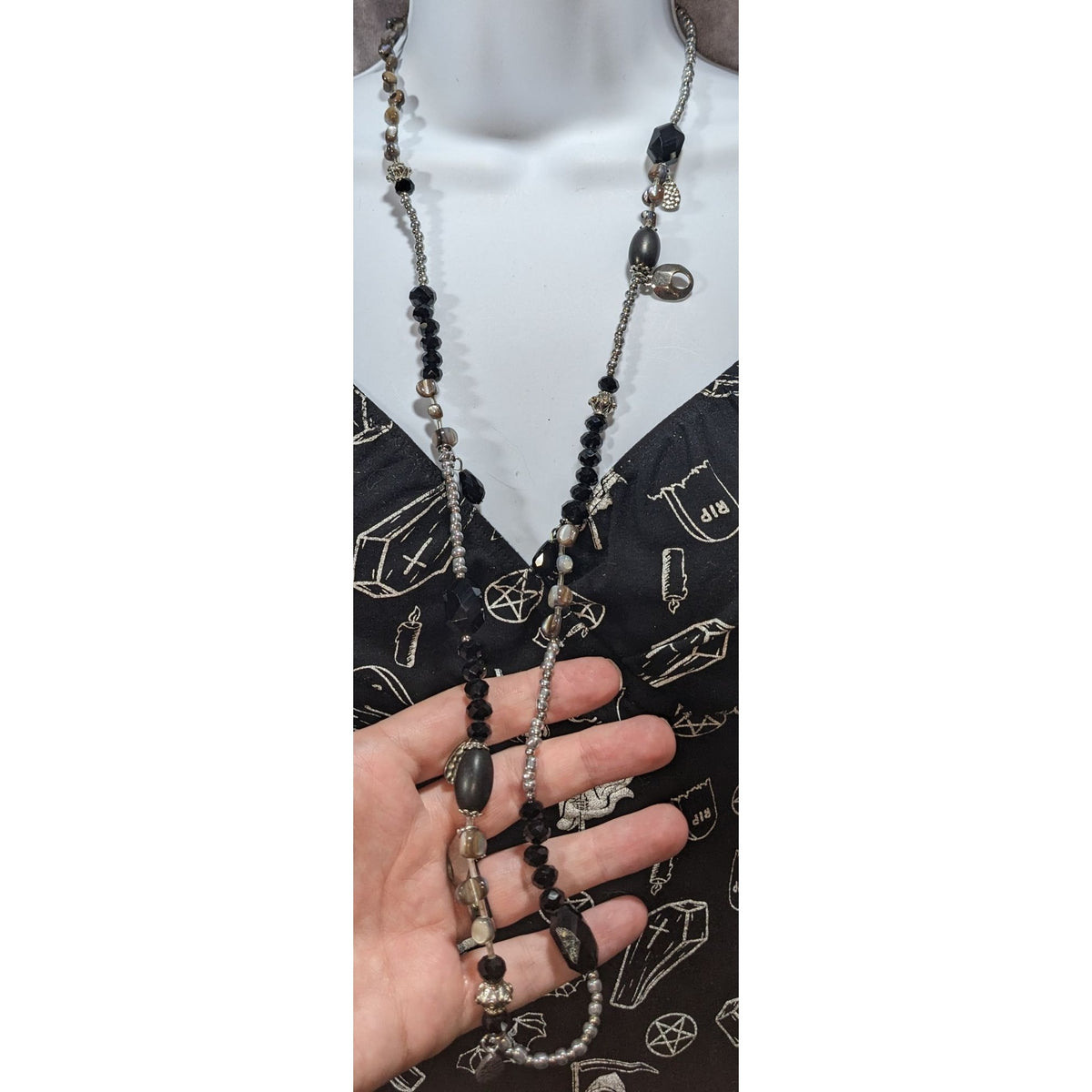 Whimsigoth Eclectic Glass Black Silver Mother of Pearl Necklace 36 Inch