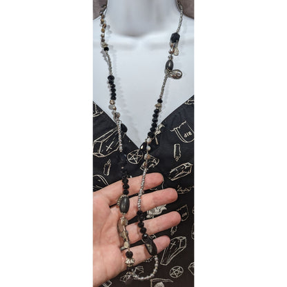 Whimsigoth Eclectic Glass Black Silver Mother of Pearl Necklace 36 Inch