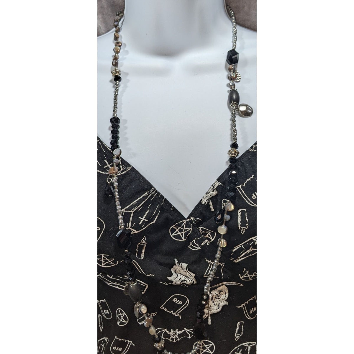 Whimsigoth Eclectic Glass Black Silver Mother of Pearl Necklace 36 Inch