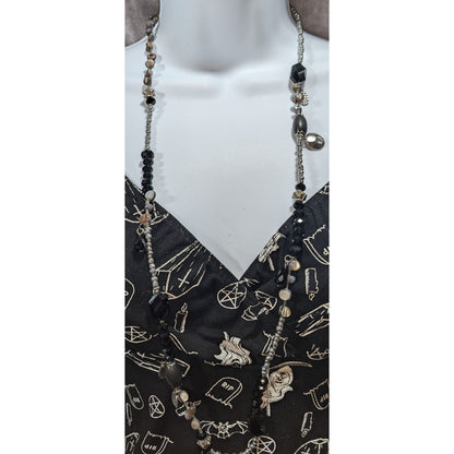 Whimsigoth Eclectic Glass Black Silver Mother of Pearl Necklace 36 Inch