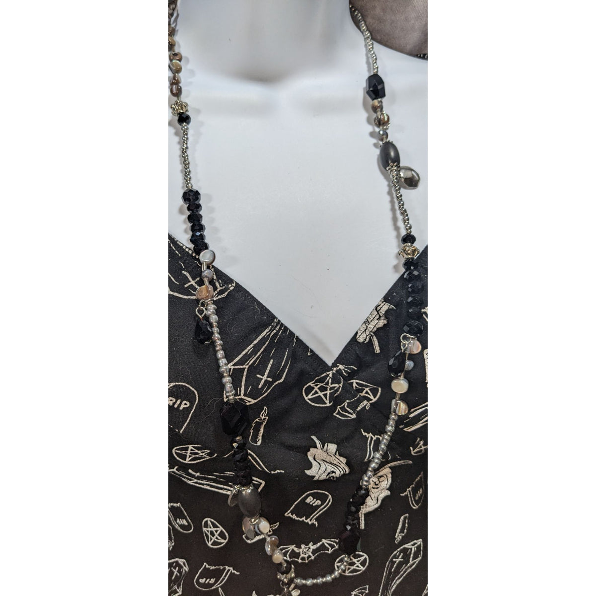Whimsigoth Eclectic Glass Black Silver Mother of Pearl Necklace 36 Inch