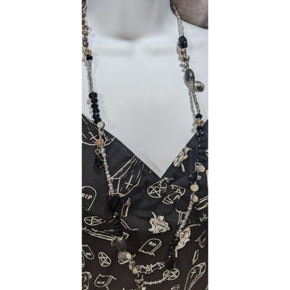 Whimsigoth Eclectic Glass Black Silver Mother of Pearl Necklace 36 Inch