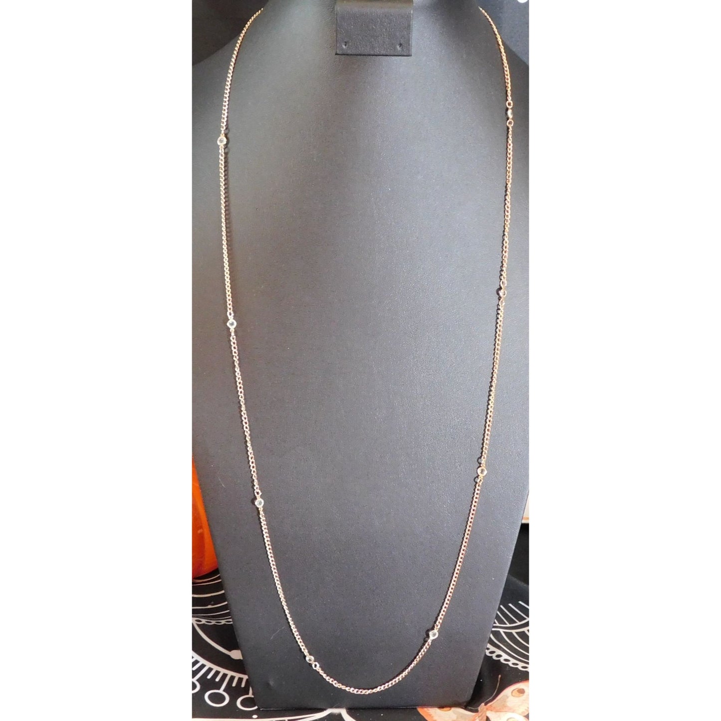Simple Gold Tone Chain Necklace With Clear Gem Accents