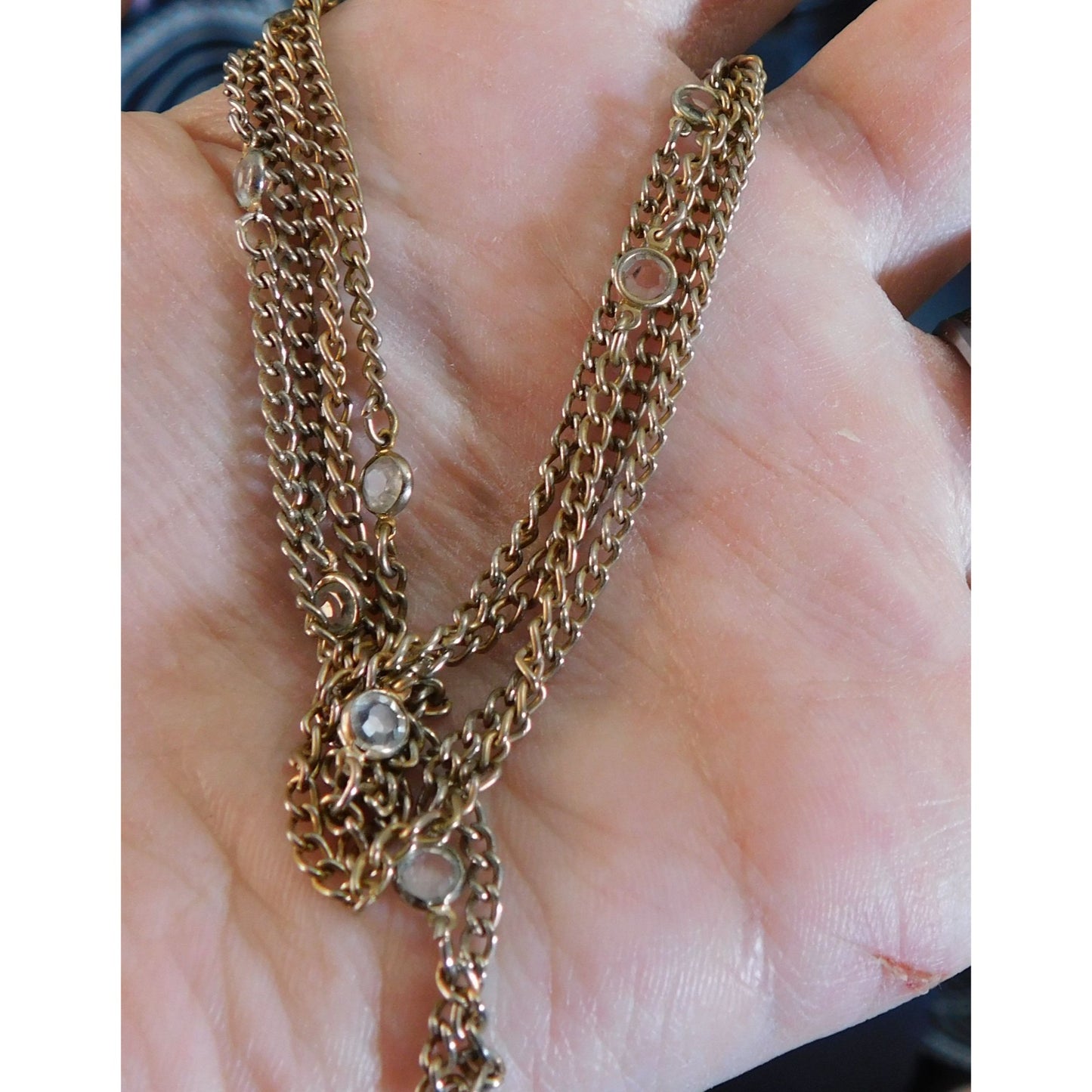Simple Gold Tone Chain Necklace With Clear Gem Accents