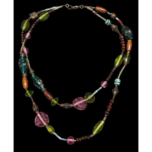 Handmade Cottagecore Pink And Green Layered Glass Beaded Necklace