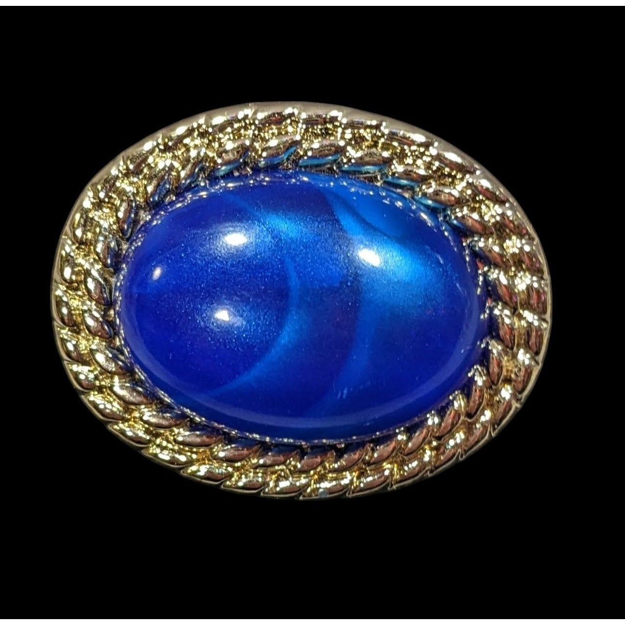 Vintage Gold Tone Metallic Blue Cabochon Brooch
