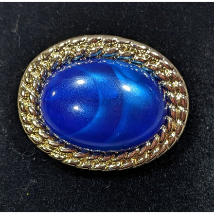 Vintage Gold Tone Metallic Blue Cabochon Brooch