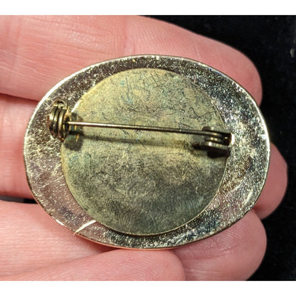 Vintage Gold Tone Metallic Blue Cabochon Brooch