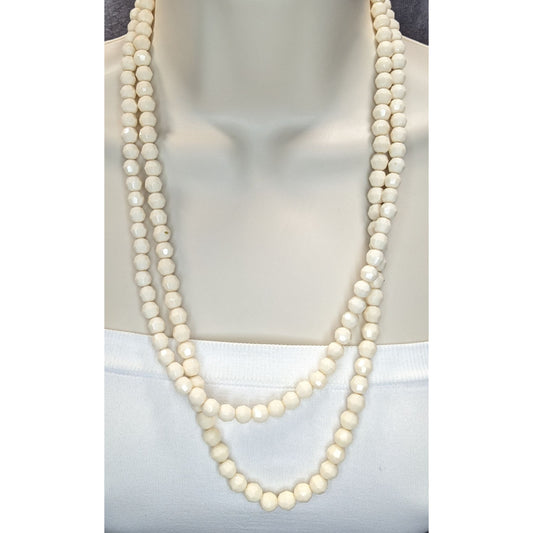 Boho Vintage Cream Faceted Glass Bead Double Strand Necklace Cottagecore Minimalist