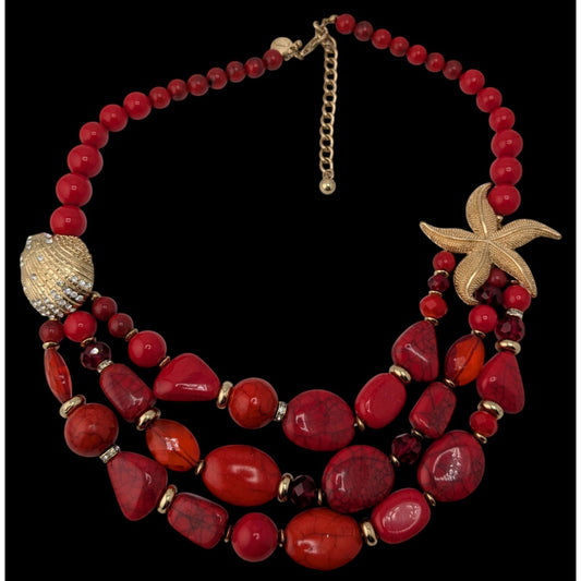 Vintage Talbots Layered Beaded Necklace Red Gold Mermaidcore Beach Glam