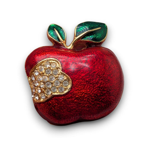 Vintage Whimsical Enamel Red Gold Tone Rhinestone Bitten Apple Brooch 1 1/4