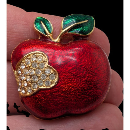 Vintage Whimsical Enamel Red Gold Tone Rhinestone Bitten Apple Brooch 1 1/4