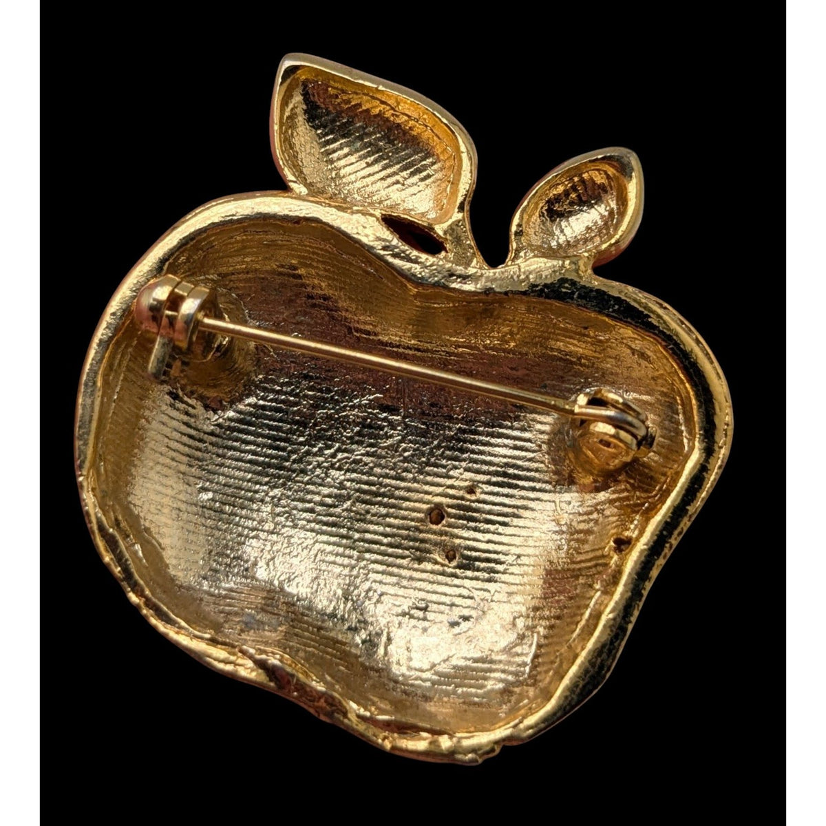 Vintage Whimsical Enamel Red Gold Tone Rhinestone Bitten Apple Brooch 1 1/4