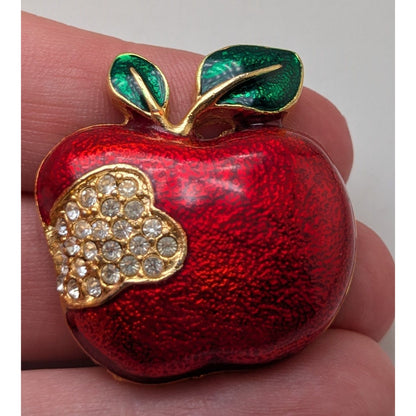 Vintage Whimsical Enamel Red Gold Tone Rhinestone Bitten Apple Brooch 1 1/4