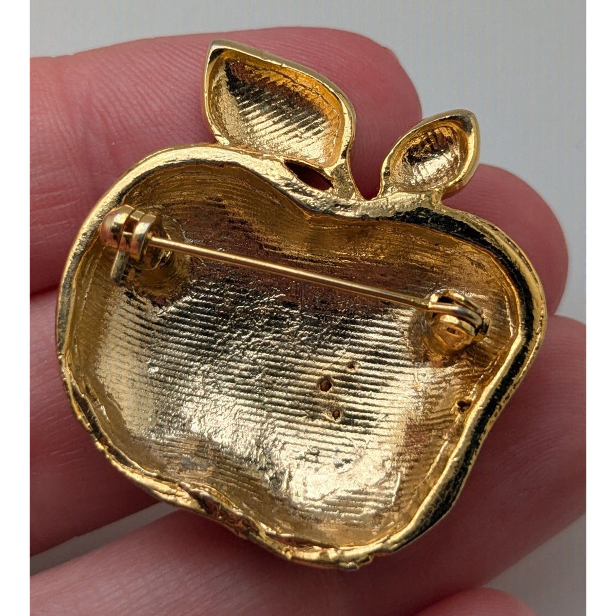 Vintage Whimsical Enamel Red Gold Tone Rhinestone Bitten Apple Brooch 1 1/4