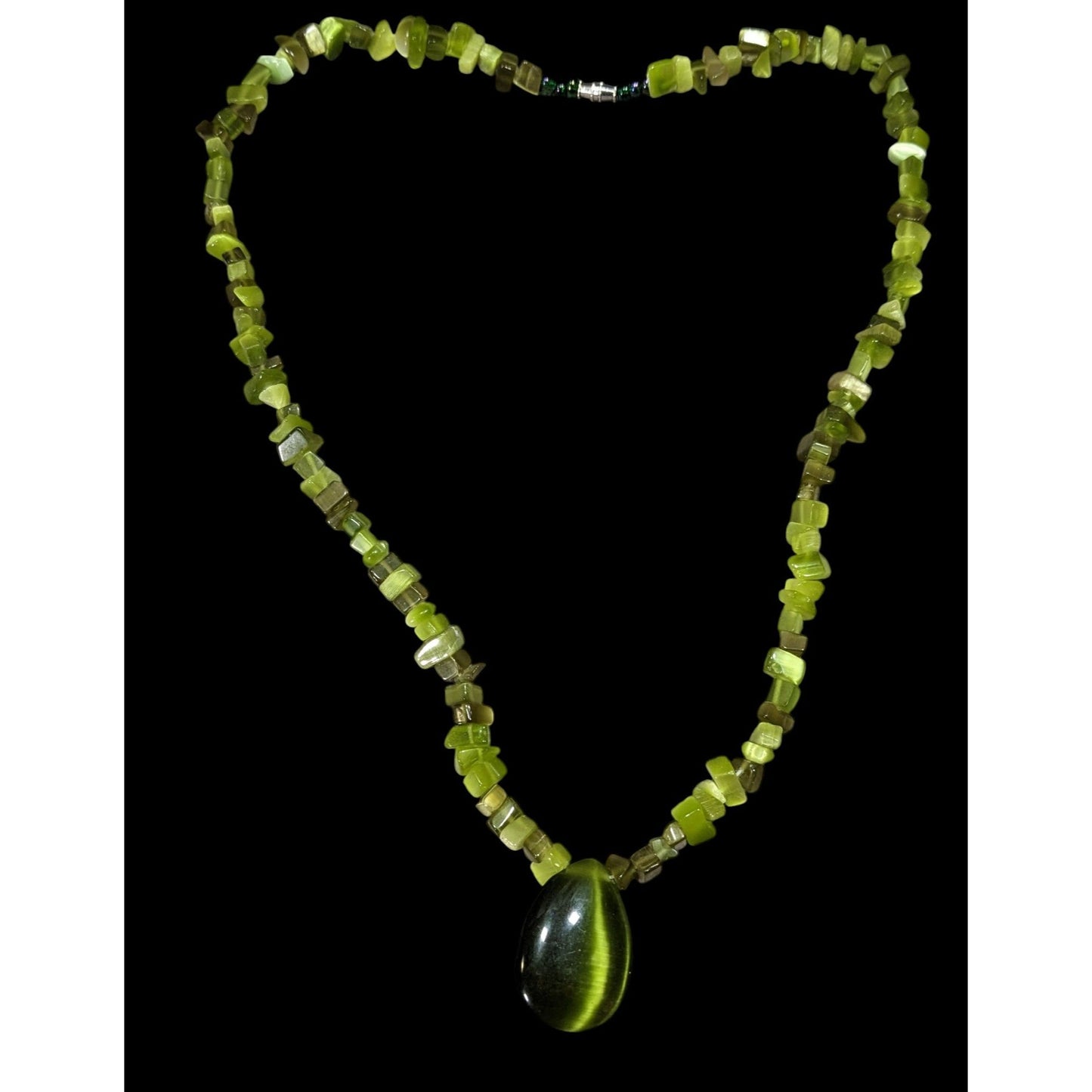 Whimsical Fairycore Green Cat Eye Glass Beaded Teardrop Necklace