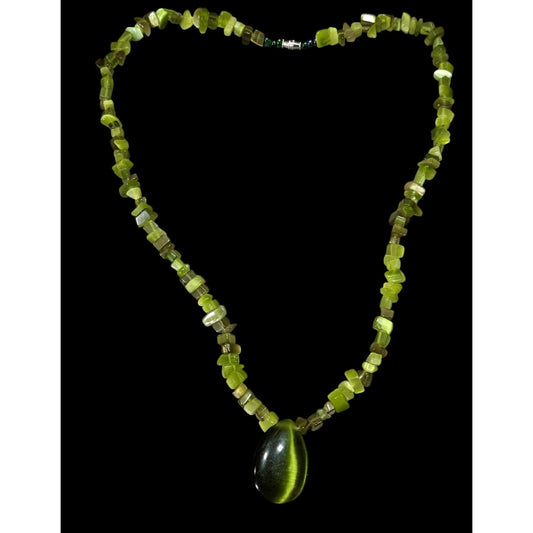 Whimsical Fairycore Green Cat Eye Glass Beaded Teardrop Necklace
