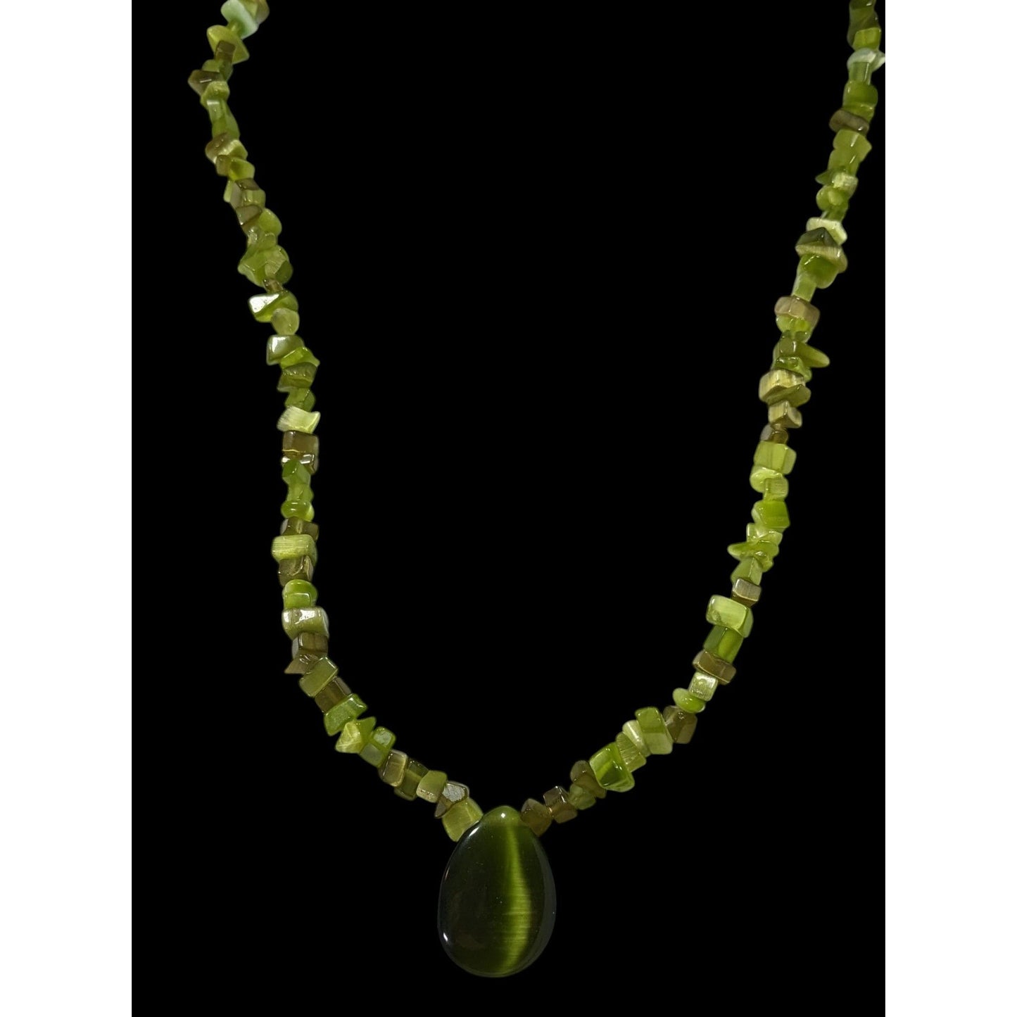Whimsical Fairycore Green Cat Eye Glass Beaded Teardrop Necklace