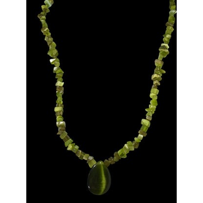 Whimsical Fairycore Green Cat Eye Glass Beaded Teardrop Necklace