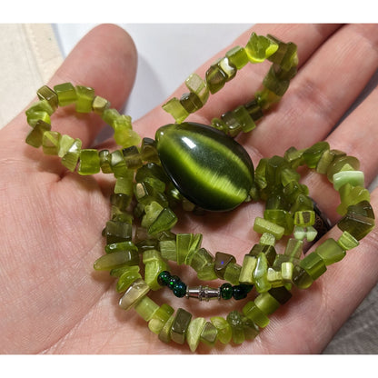 Whimsical Fairycore Green Cat Eye Glass Beaded Teardrop Necklace